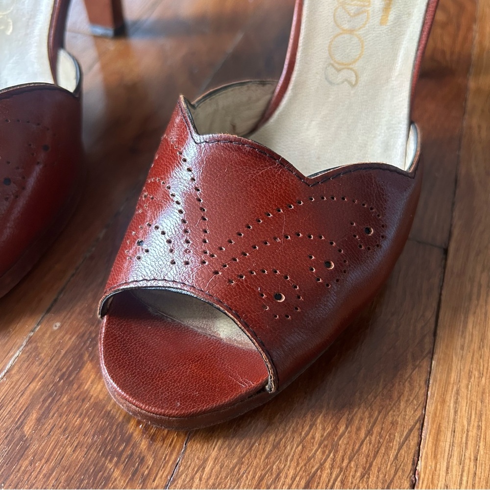 Socialites Vintage 60s 70s Leather Peep Toe Ankle Strap Heels 6.5 Spain - Picture 3 of 7
